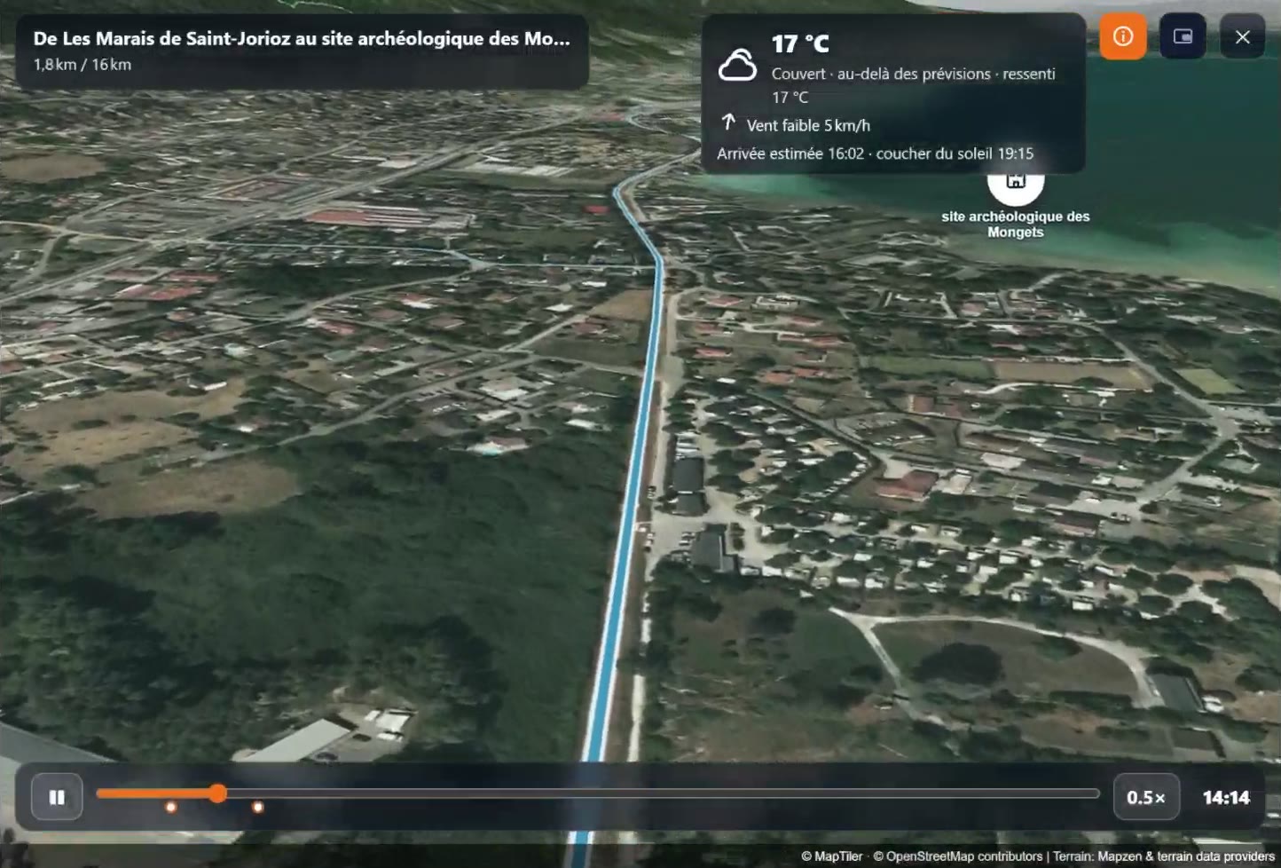 Survol animé d’un circuit autour du lac d’Annecy avant le départ